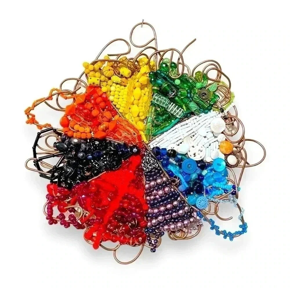 Hand Beaded Metalwork Artwork Glass Bead Rainbow Circle Hangable Mosaic